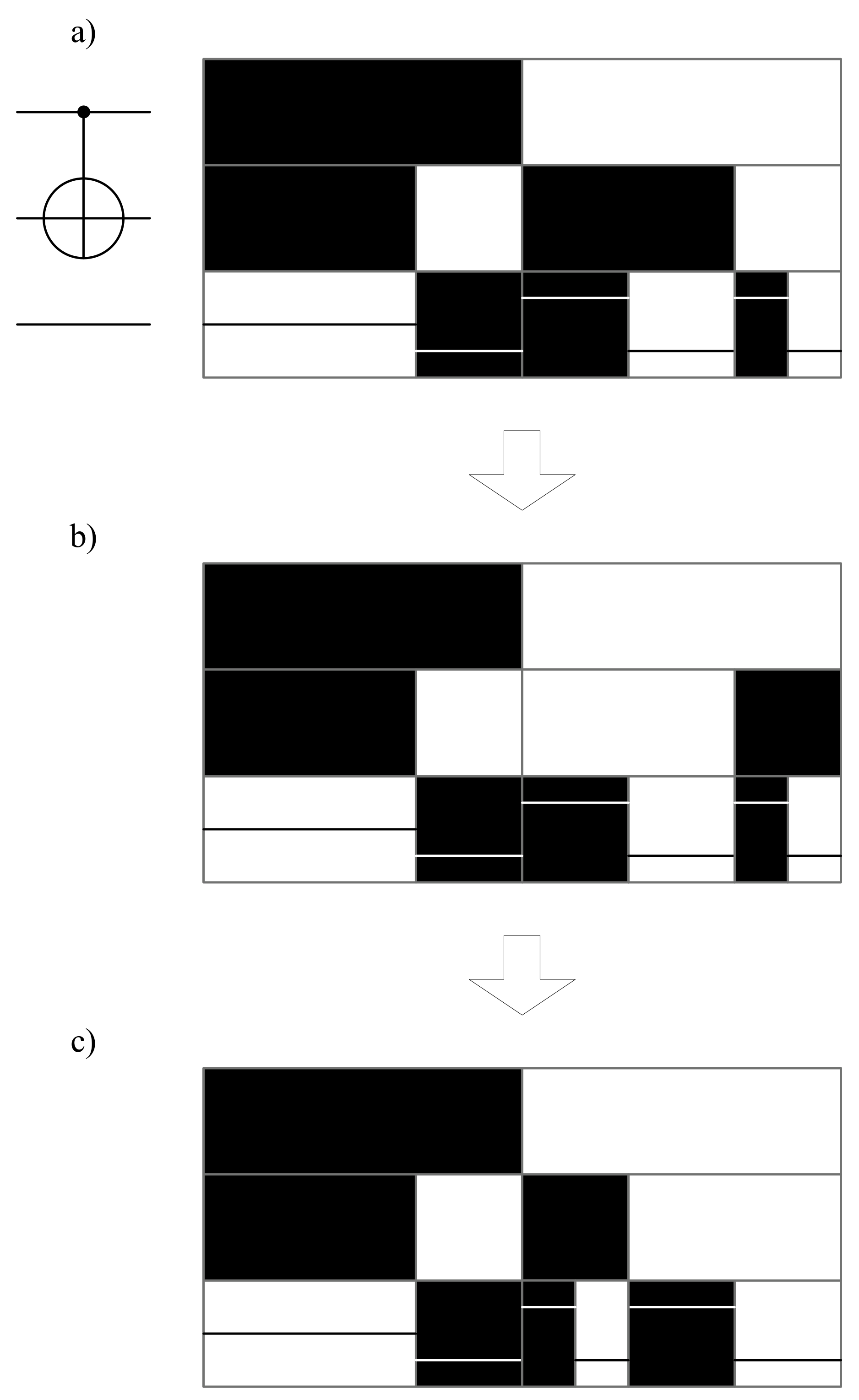 A CNOT symbol and three black-and-white fractal diagrams show the gate transformation and reordered columns.